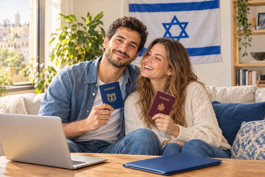 A smiling couple on a sofa at home, holding an Israeli passport and a foreign passport, with an Israeli flag on the wall behind them